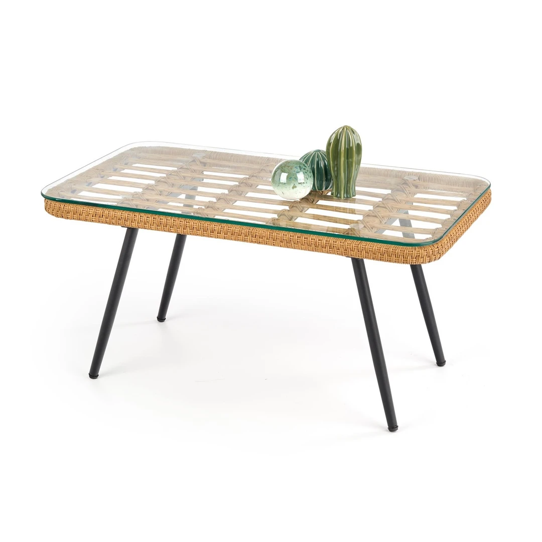 Klasikinis rotango ir plieno stalas su stikliniu stalviršiu