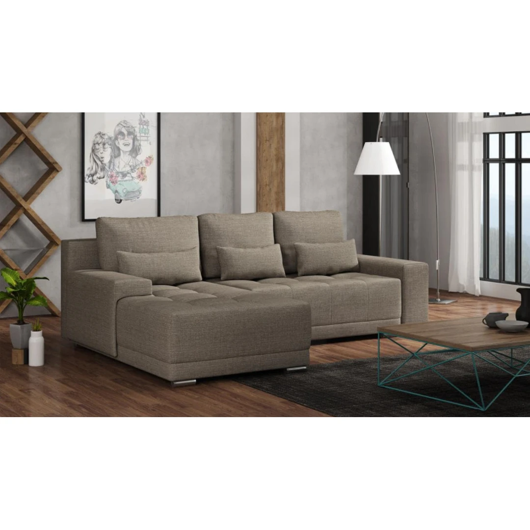 Modernus minkštas kampas LACOSTA su miegojimo funkcija ir patalynės dėže