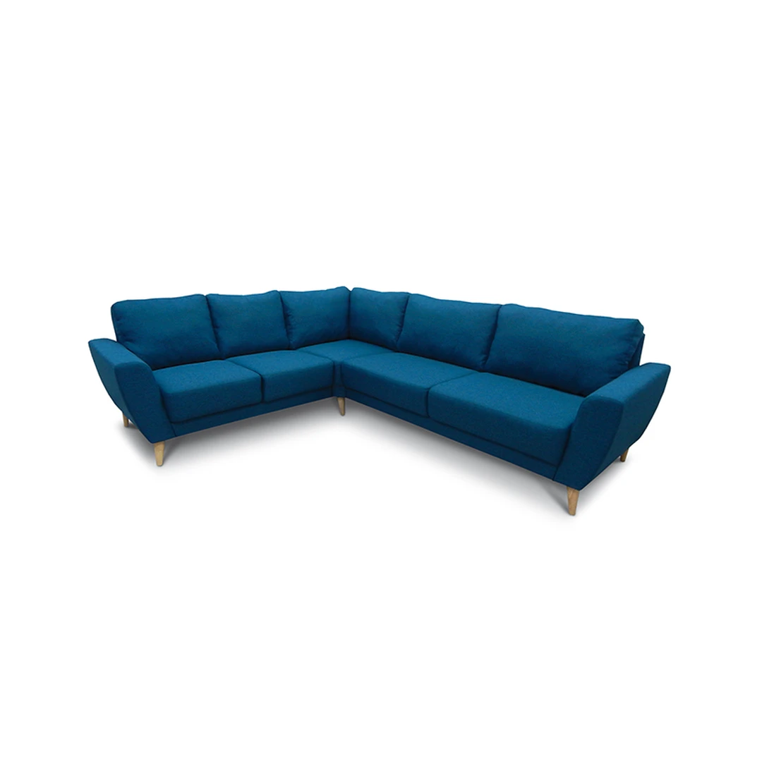 Kampinė hygge stiliaus sofa su medinėmis kojomis