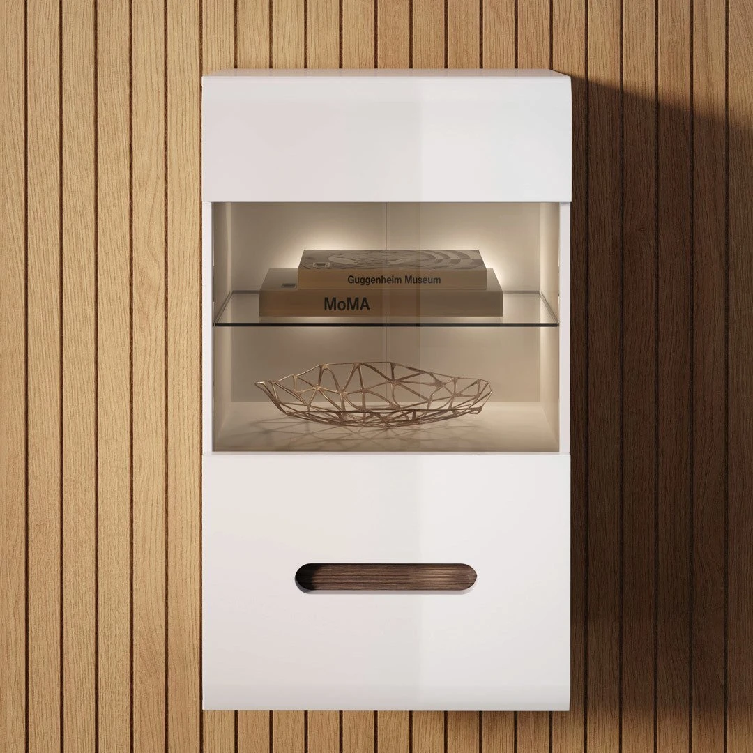 Moderni pakabinama vitrina AZTECKA su stiklu ir lentynomis