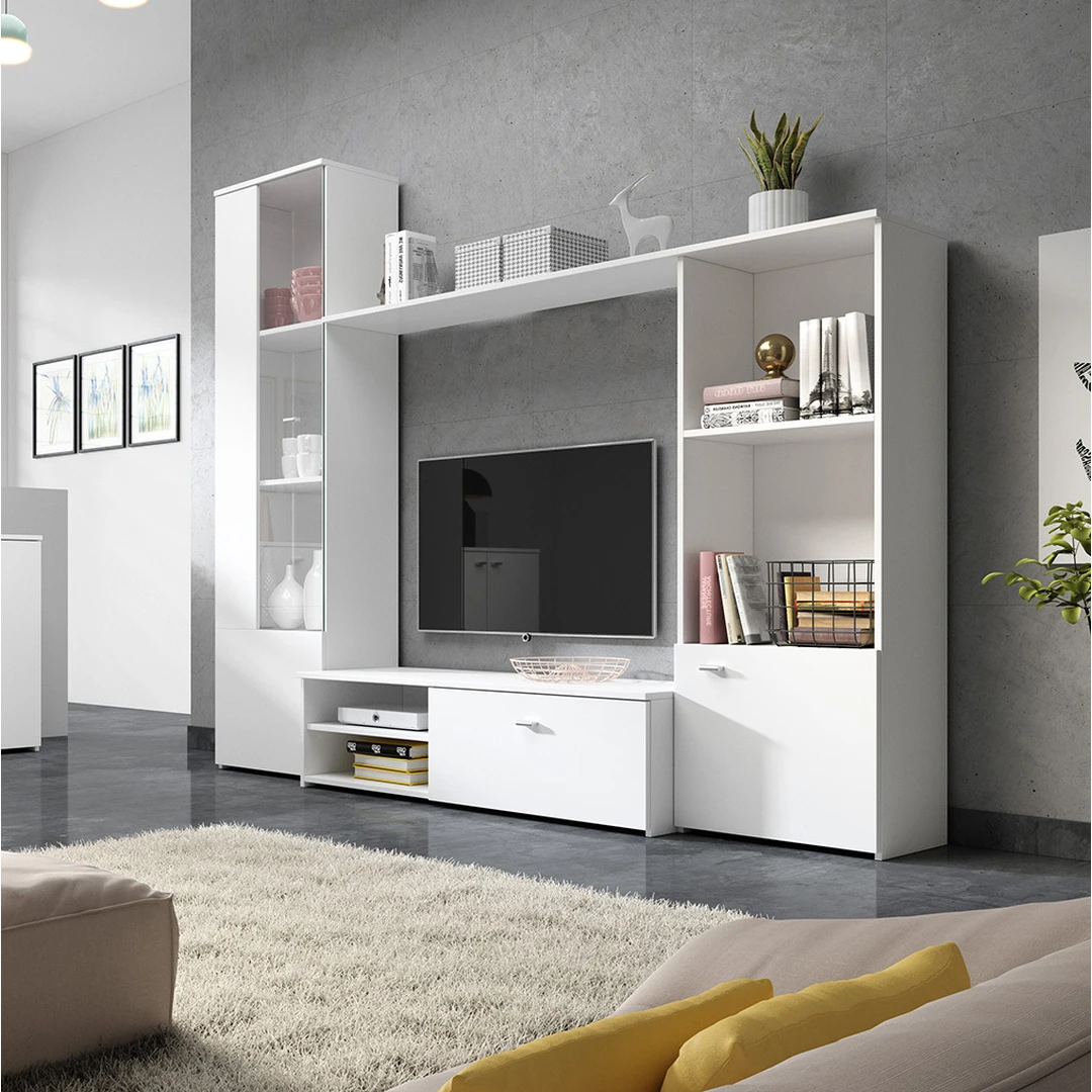 Moderni sekcija su vitrina, TV staliuku ir spinta – puikus sprendimas jūsų svetainei