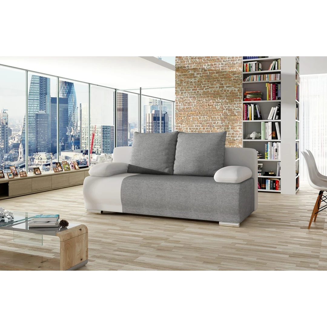 Įvairių spalvų sofos lovos su miegama funkcija ir patalynės dėže