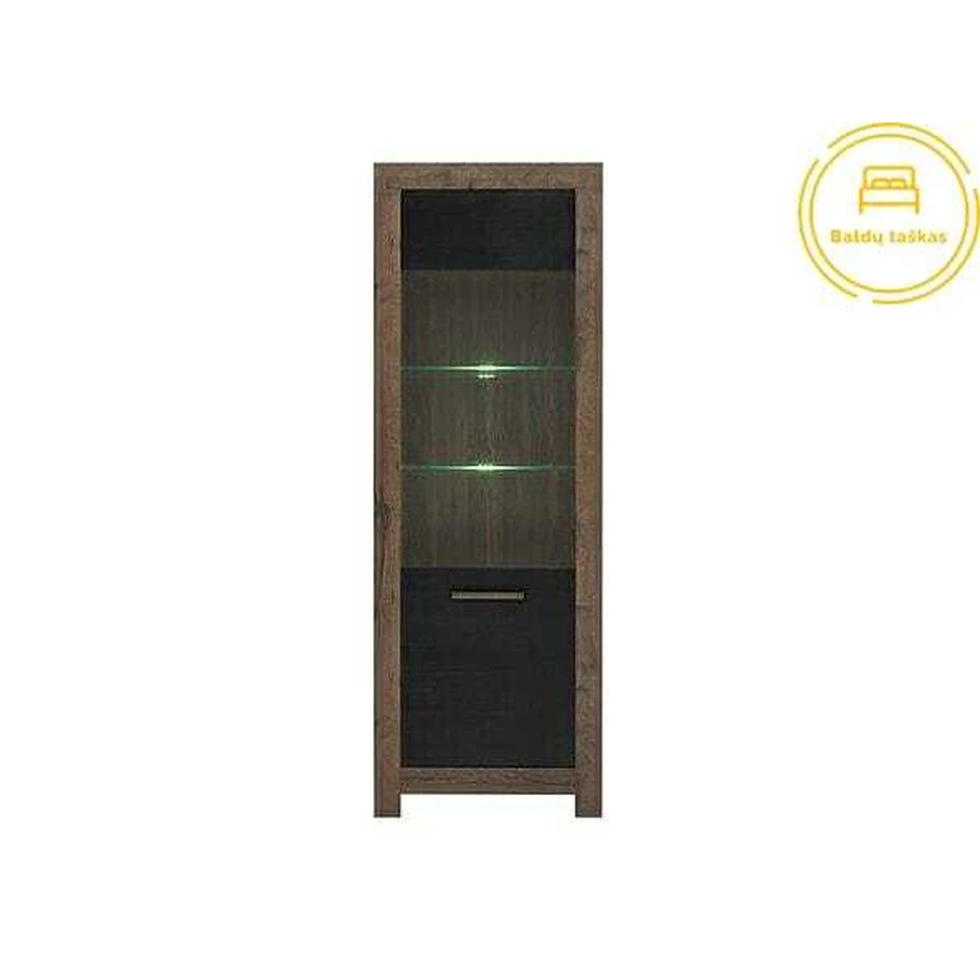 Moderni LED apšviesta vitrina su uždaromis lentynomis