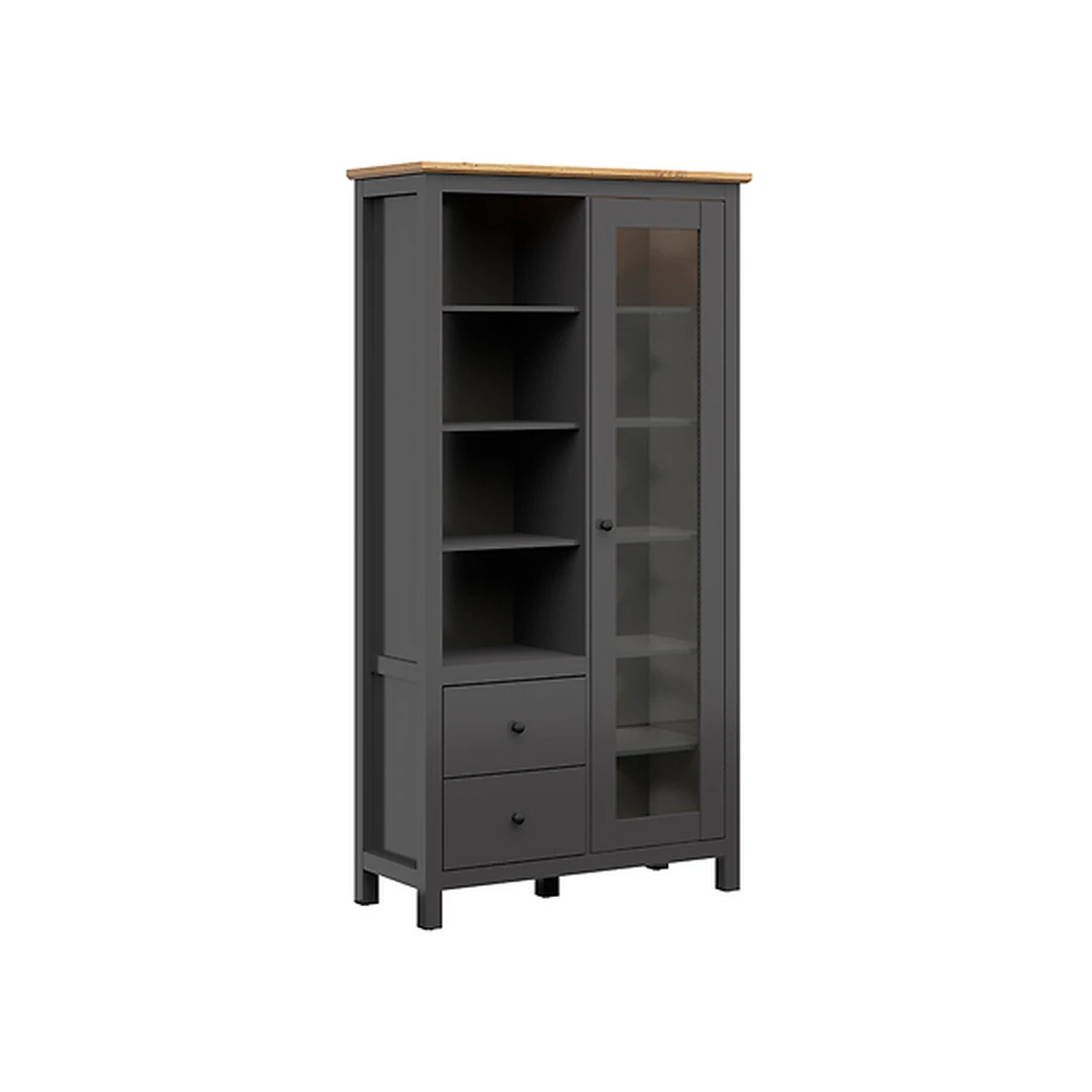 Skandinaviško stiliaus baldų sistema su vitrinomis ir apšvietimu