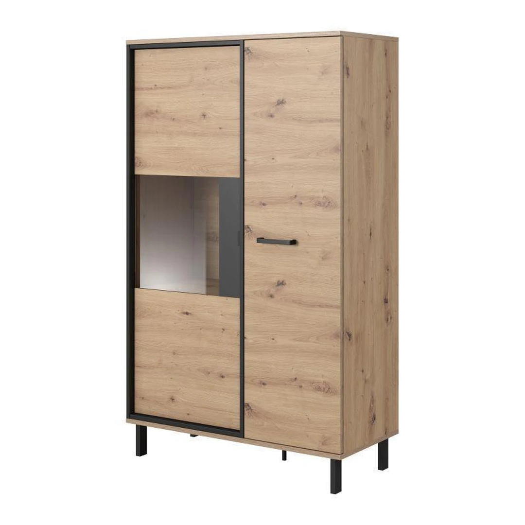 Šiuolaikinė vitrina natūralaus medžio ir pilkos spalvos