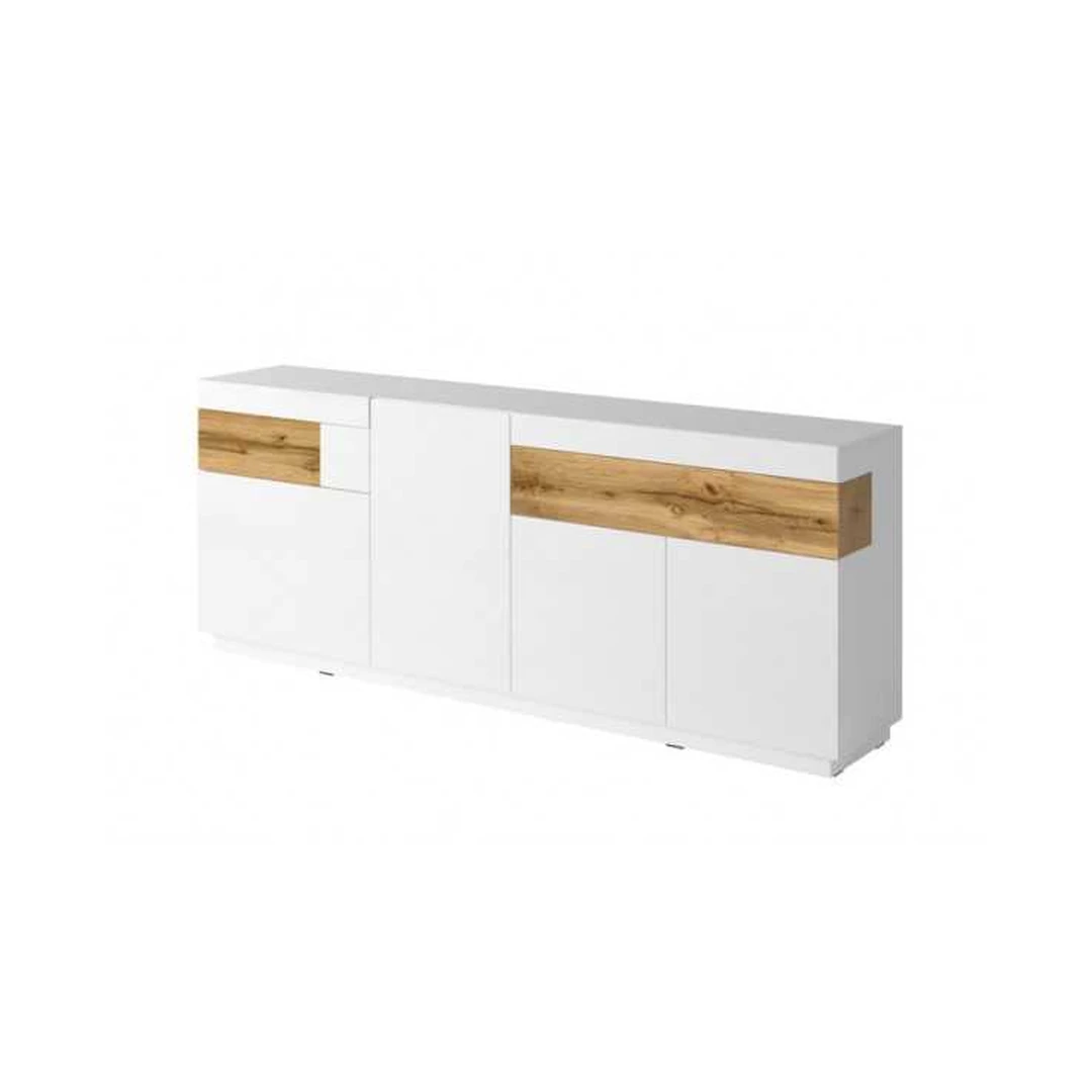 Šiuolaikiška balta spintelė su blizgiu ąžuolo efektu