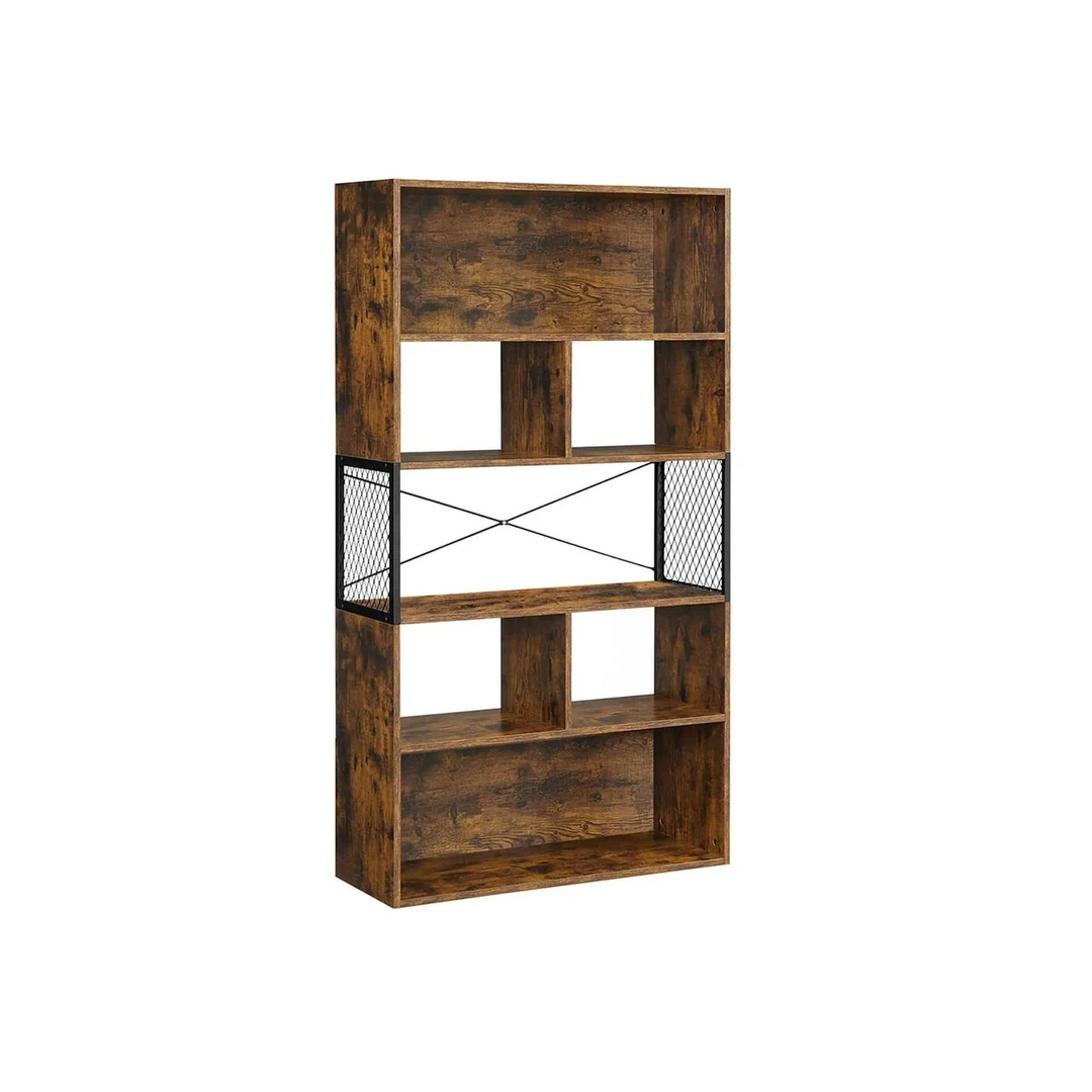 Vintažinė ruda-juoda knygų lentyna iš medžio drožlių plokščių ir plieno