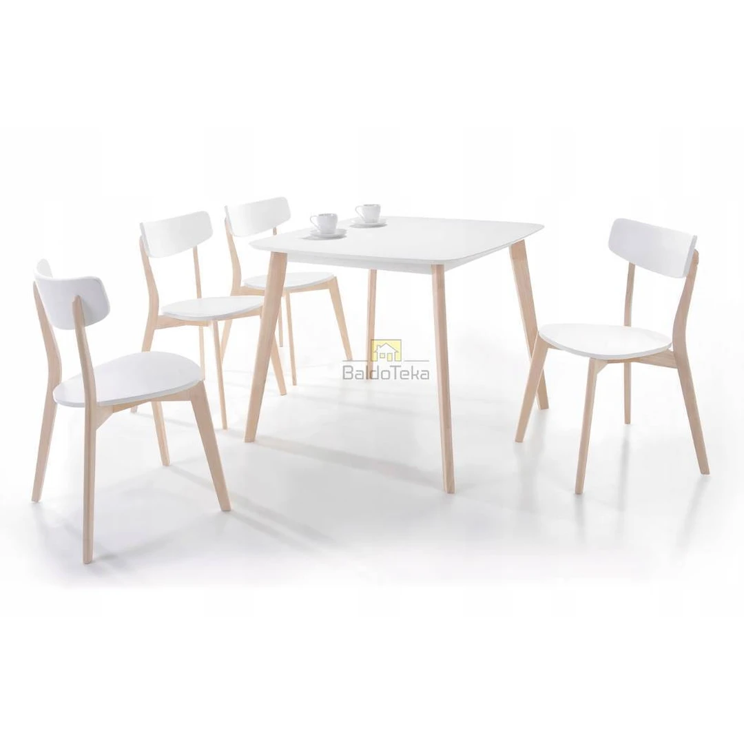 Šiuolaikiškas baltas stalas su natūraliomis medinėmis kojomis