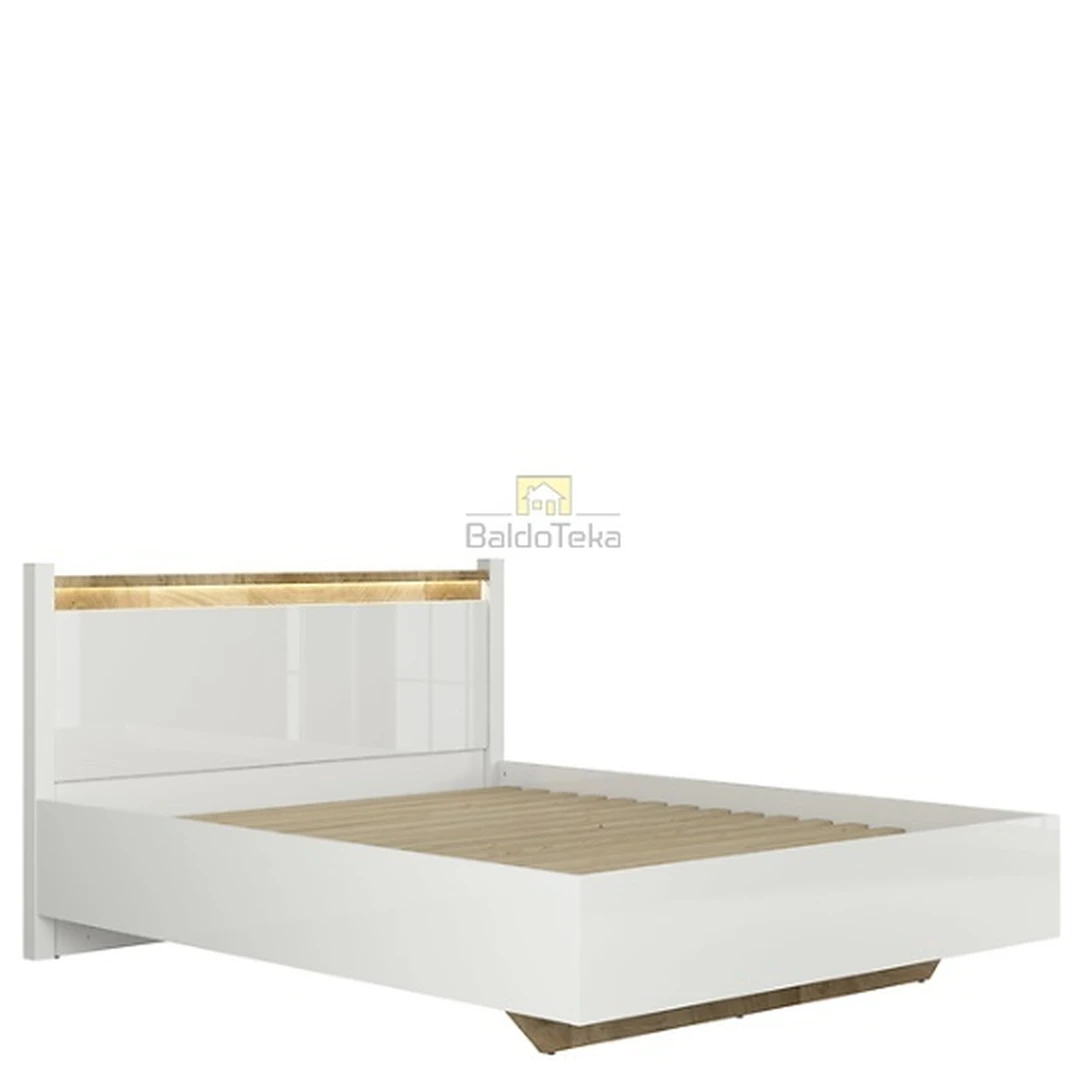 Moderni lova su LED apšvietimu – balta blizgi/ąžuolas westminster