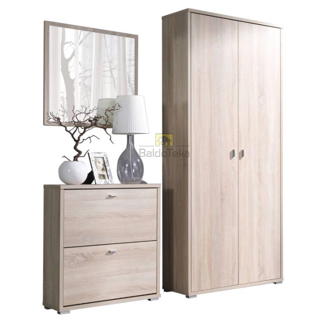 Šviesaus ąžuolo arba baltos matinės spintos komplektas prieškambariui