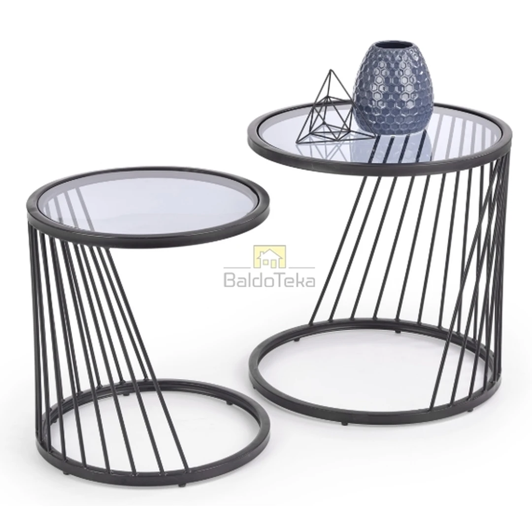 Šiuolaikiškas stiklinis stalas su juodu metaliniu karkasu