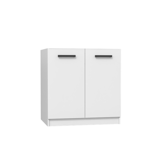 Balta dviejų durelių virtuvinė spintelė su ruda stalviršiu