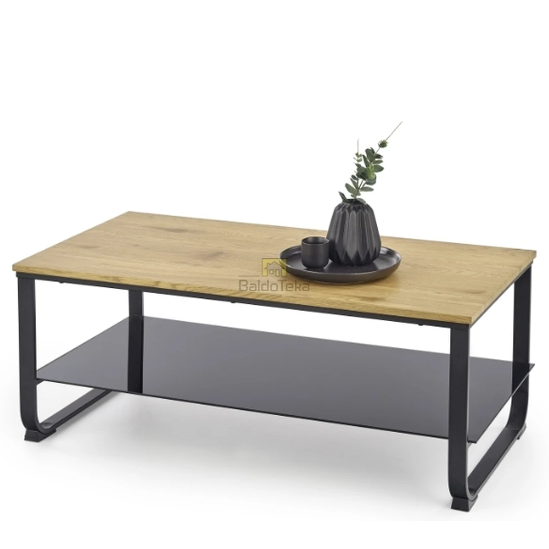 Stilingas MDF stiklo staliukas auksiniu ąžuolu