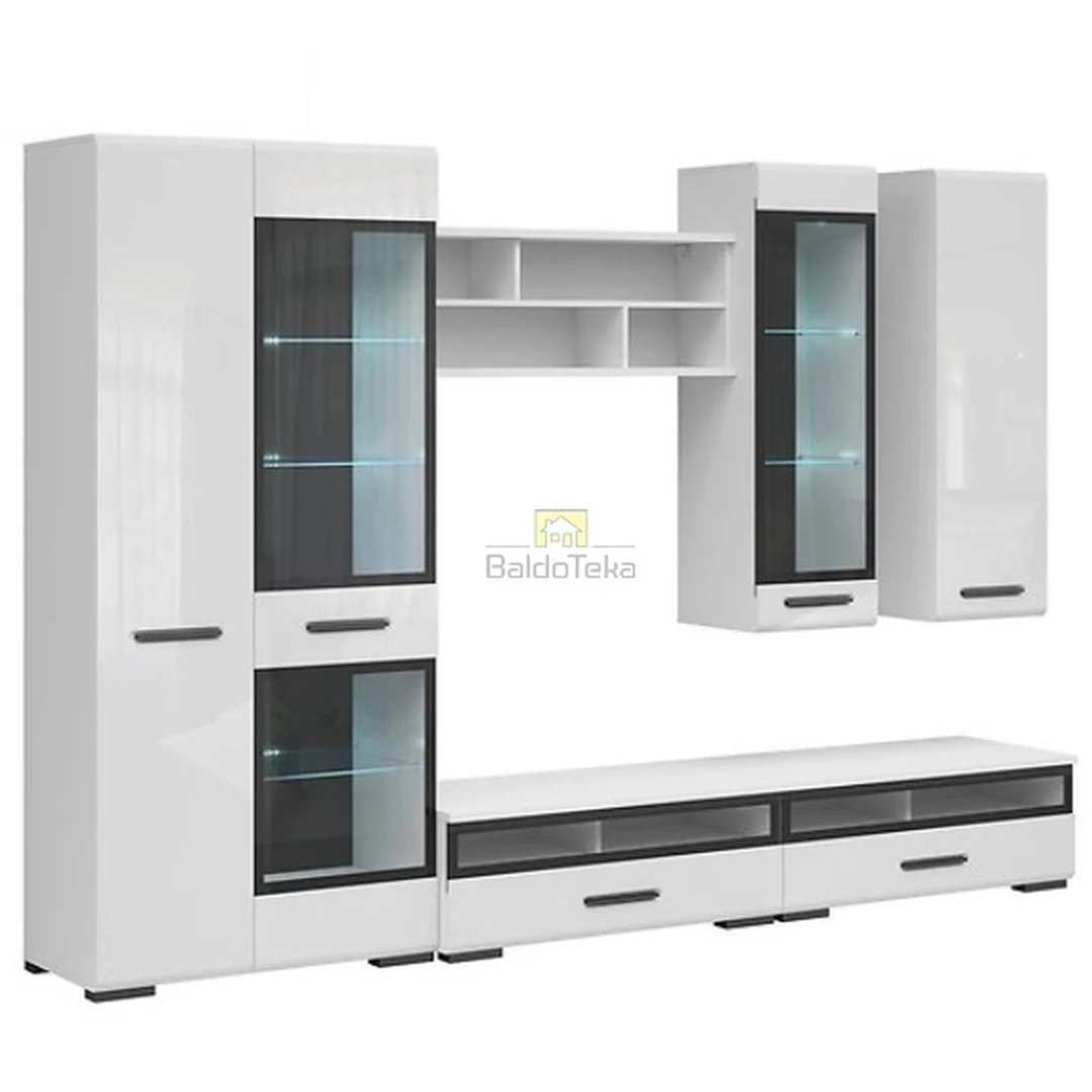 Moderni ASSEN baldų kolekcija su vitrina, TV staliukais ir spintelėmis