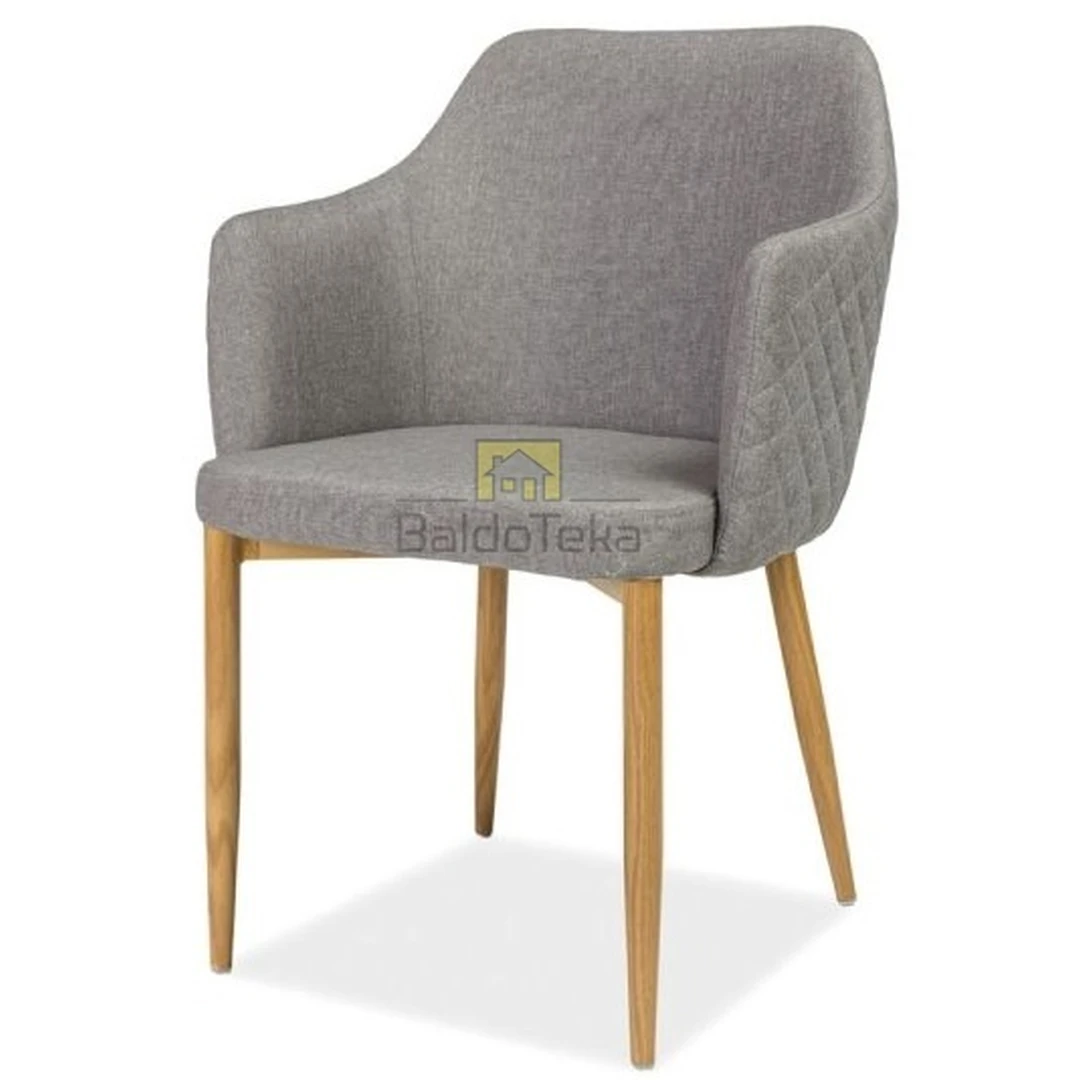 Elegantiški gobeleno ir metalo kėdės – pilka ir ąžuolo derinys