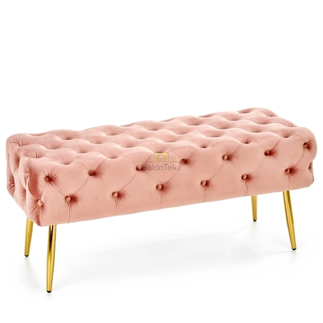 Rožinė veliūrinė sofa su aukso metalo apvadais