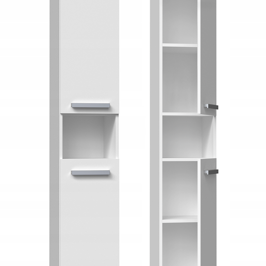 Moderni aukšta vonios spintelė su 2 durelėmis ir atvira lenta