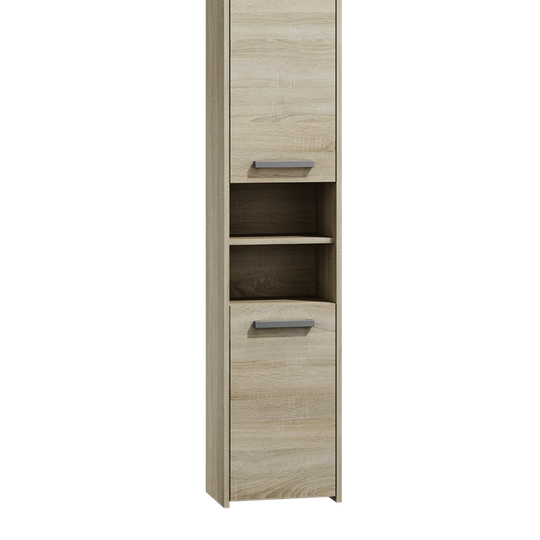 Minimalistinė vonios spintelė su 2 durelėmis ir 2 atviriais skyriais