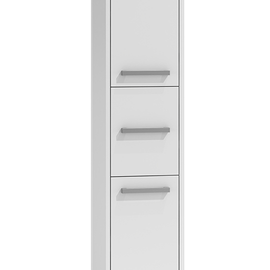 Minimalistinė balta vonios spintelė su trimis durelėmis