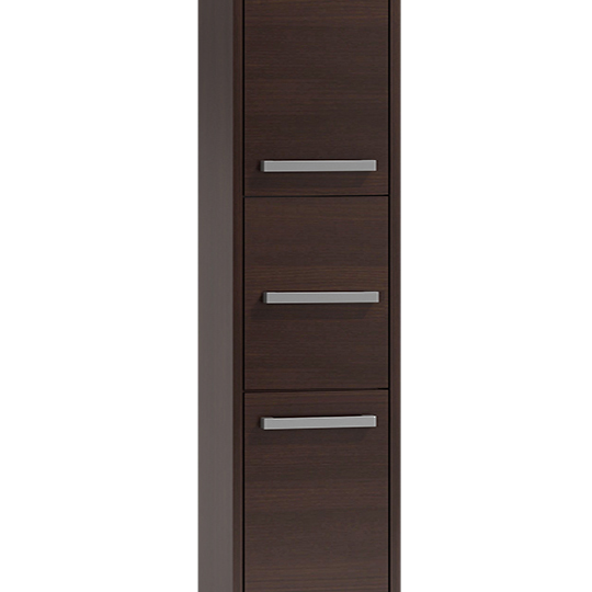 Aukšta trijų durelių vonios spintelė tamsiai rudos spalvos