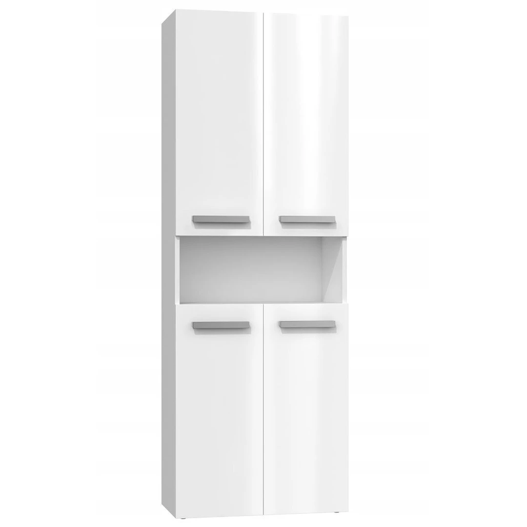 Minimalistinė vonios spintelė su durelėmis ir atvira lenta