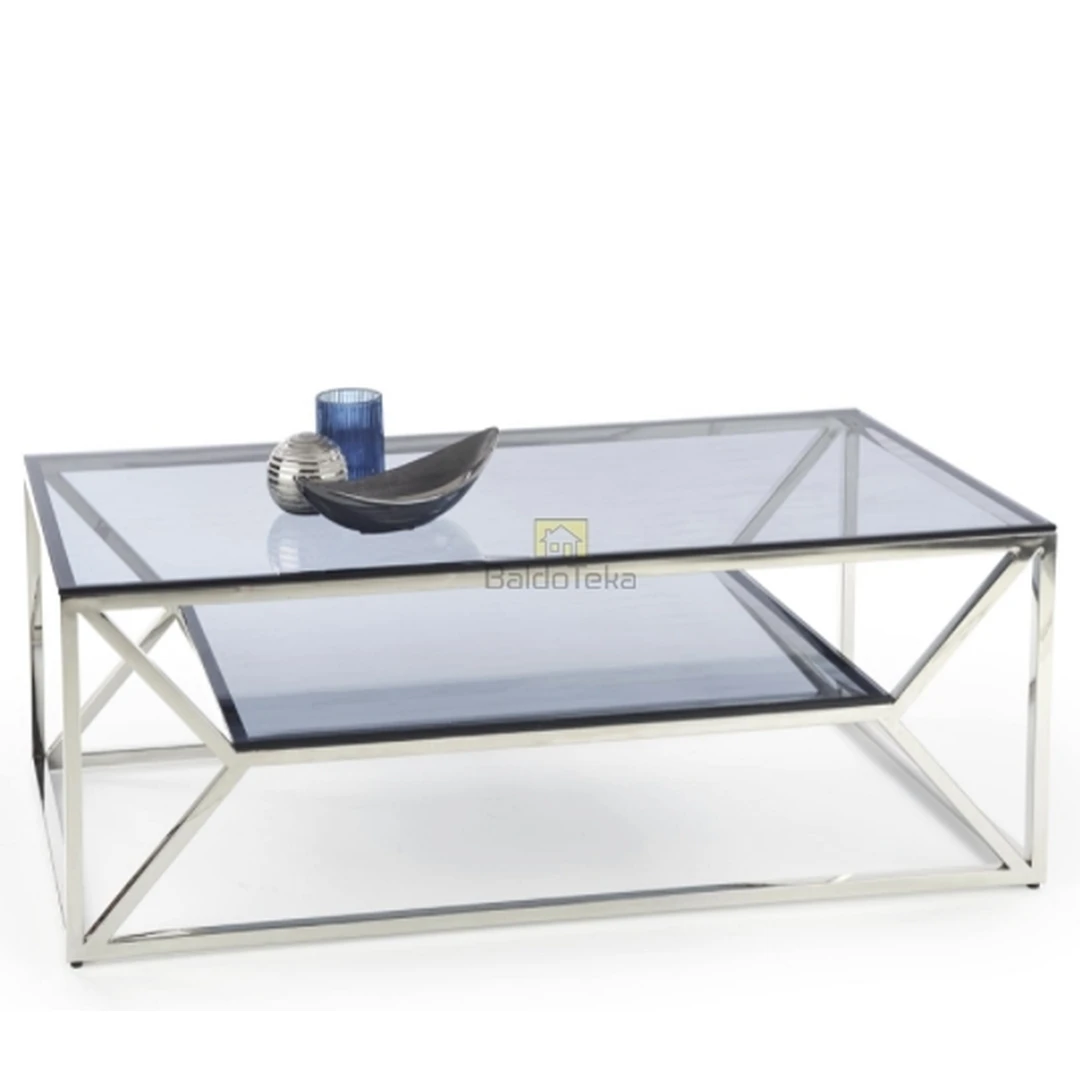 Modernus stalas su grūdintu stiklu ir chromuotu plienu