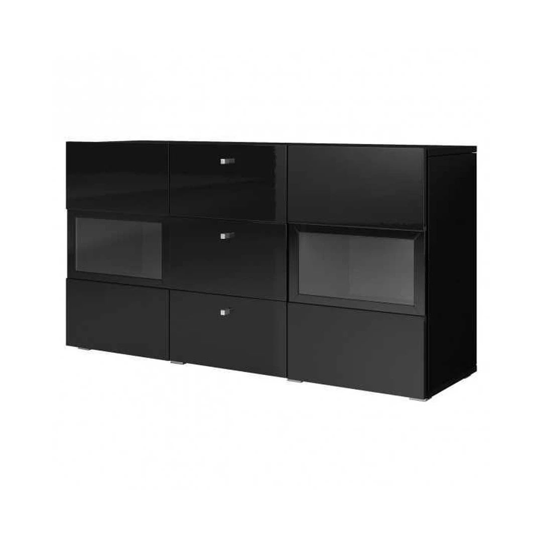 Modernus juodas TV stendas su LED apšvietimu ir stiklo detalėmis