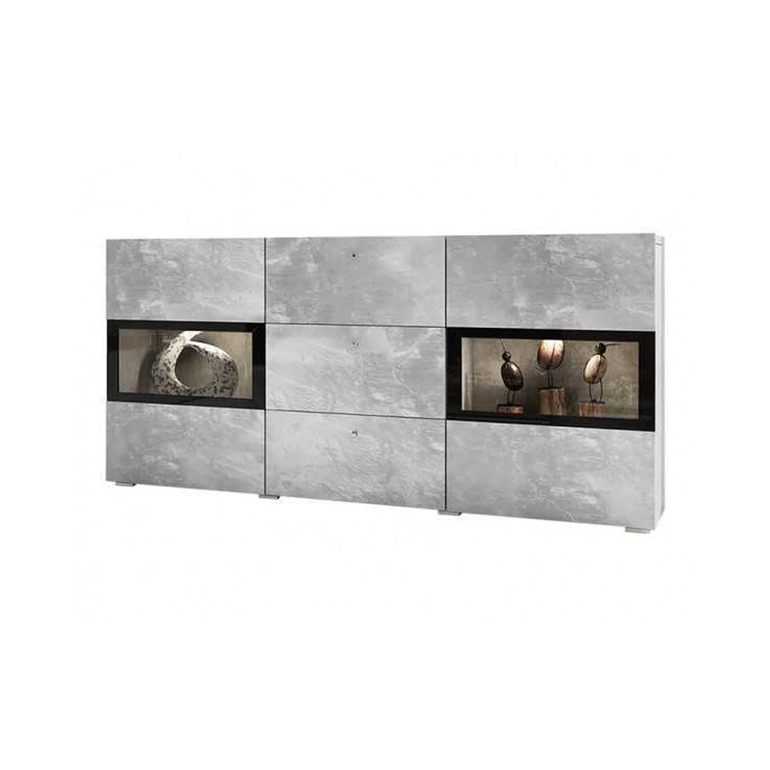 Šviesaus betono spintelės ir lentynos rinkinys su stiklo detalėmis
