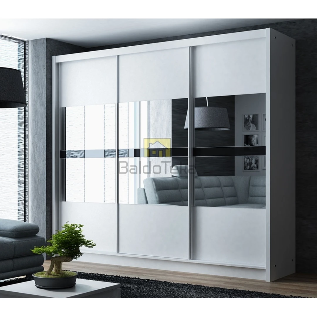 Šiuolaikiška veidrodinė spinta balta matinė su grafito akcentais