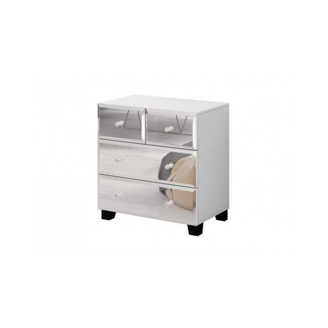 Moderni baltos spalvos komoda su 4 stalčiais ir veidrodžiu