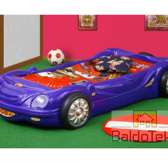 Mėlynos, raudonos, baltos ar geltonos spalvos lova su šviečiančiomis lempomis