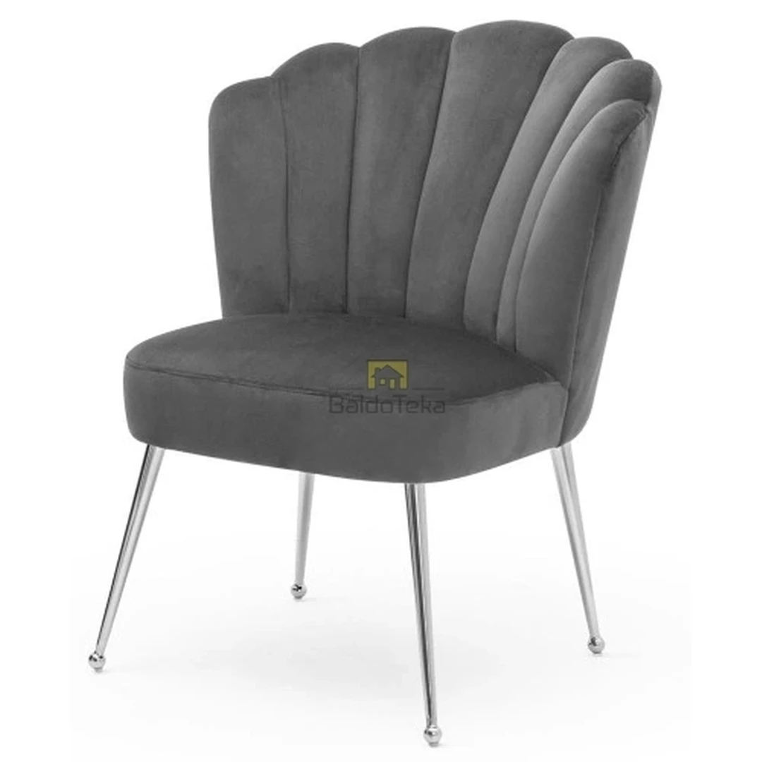 Ergonominė pilka sofa su aksominiu audiniu ir chromuotomis kojelėmis