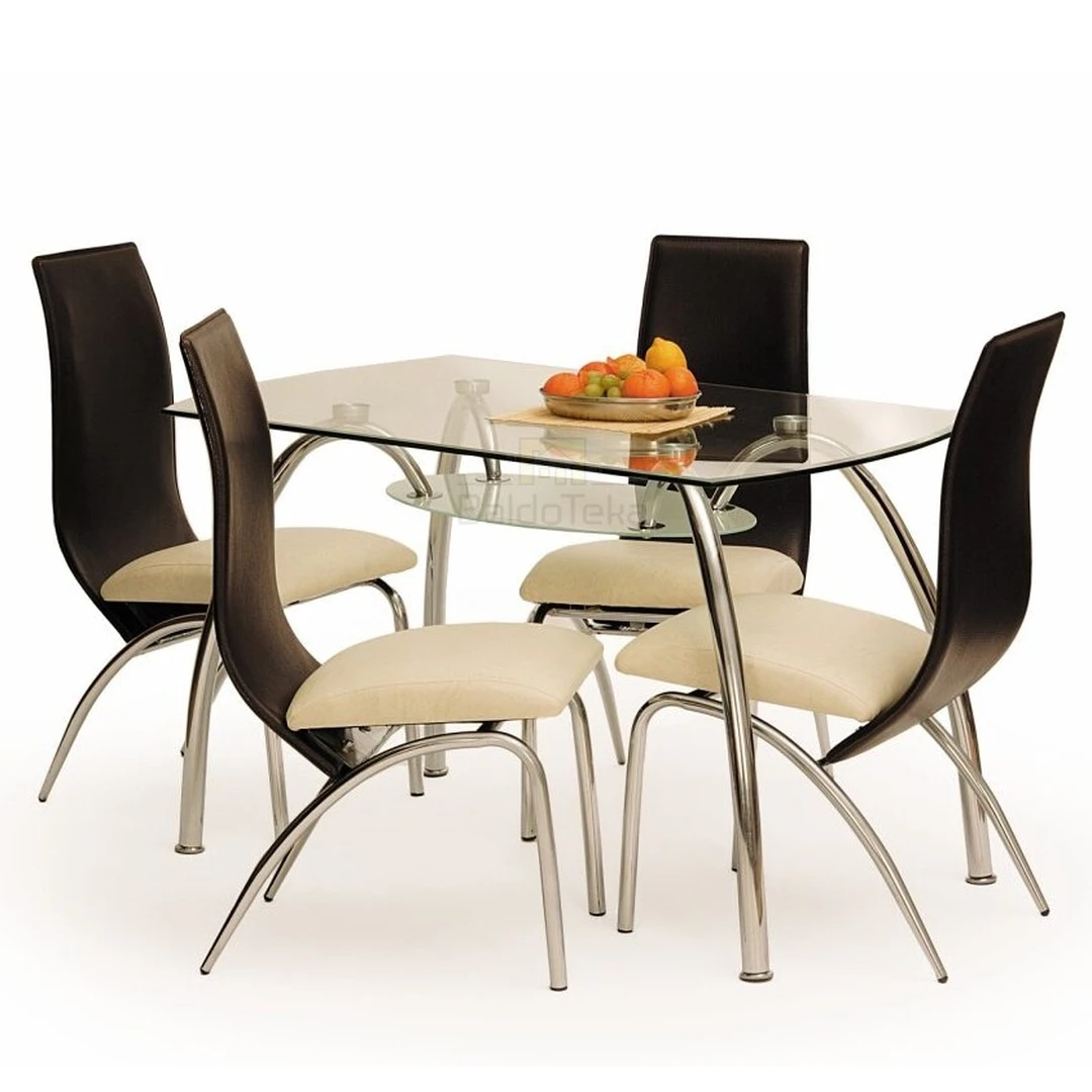 Modernus CORWIN BIS stalas su stiklo plokšte ir chromuotu metalu