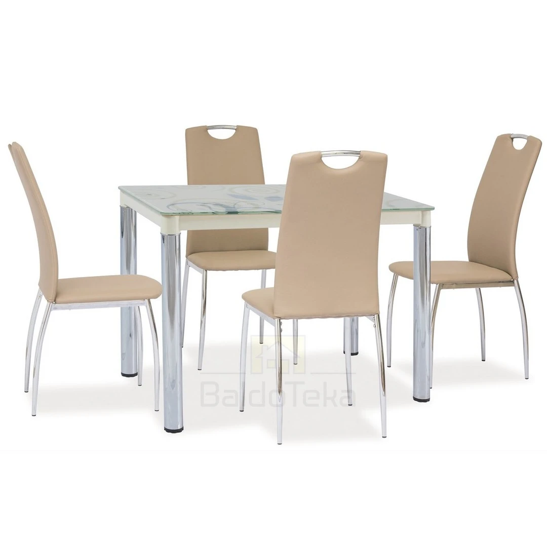 Elegantiškas stiklinis stalas su ornamentais ir chromuotu metalu