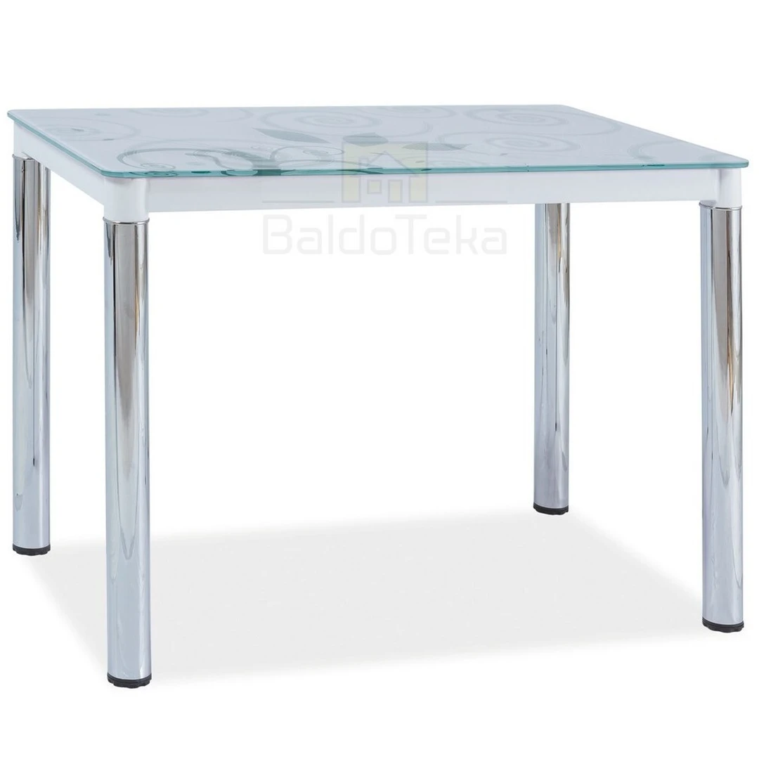 Šiuolaikiška balta stiklo spinta su ornamentais ir chromuotu metalo rėmu