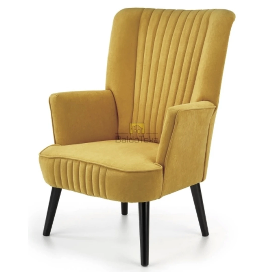 Stylinga geltona ir juoda veliūrinė sofė su natūraliu medžiu