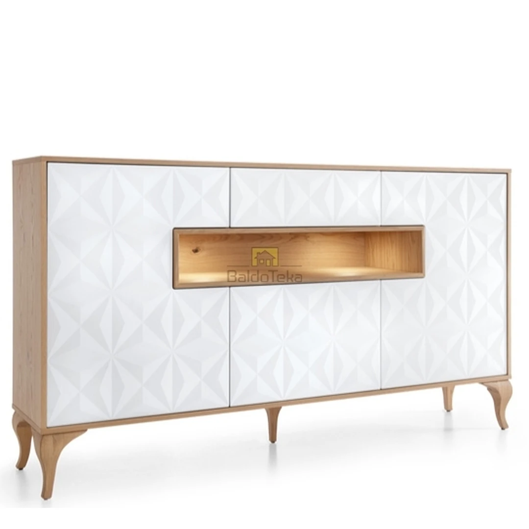 Šiuolaikinė komoda su apšvietimu ir natūralaus medžio apdaila