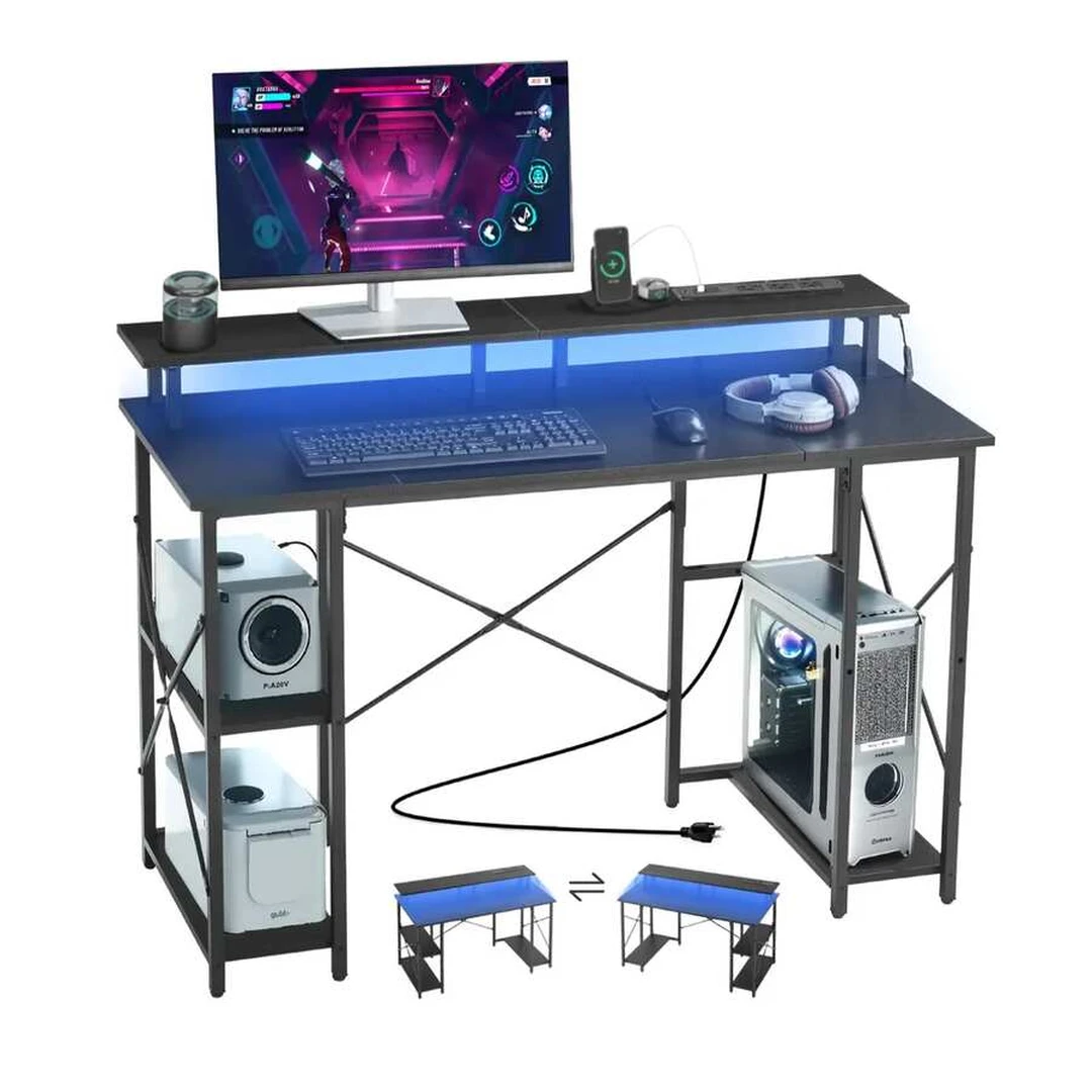 Dvipusis žaidimų stalas 120 cm su LED, maitinimu ir lentynomis, juodas - Darbo stalai