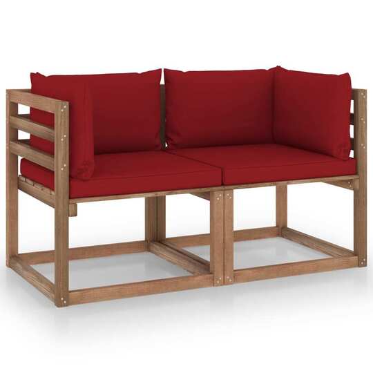 Dvivietė sodo sofa iš palečių su raudonomis pagalvėlėmis, eglė - Foteliai, sofos