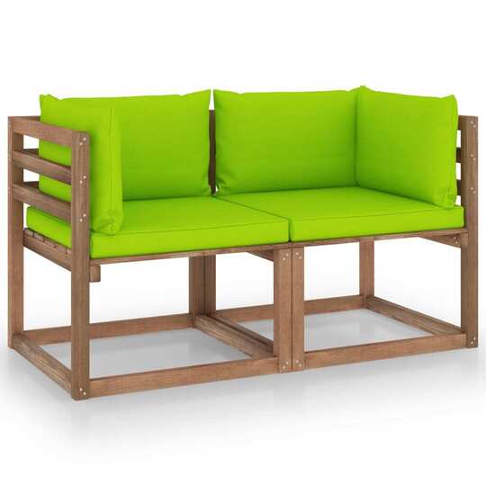 Dvivietė sodo sofa iš palečių su žaliomis pagalvėlėmis, eglė - Foteliai, sofos