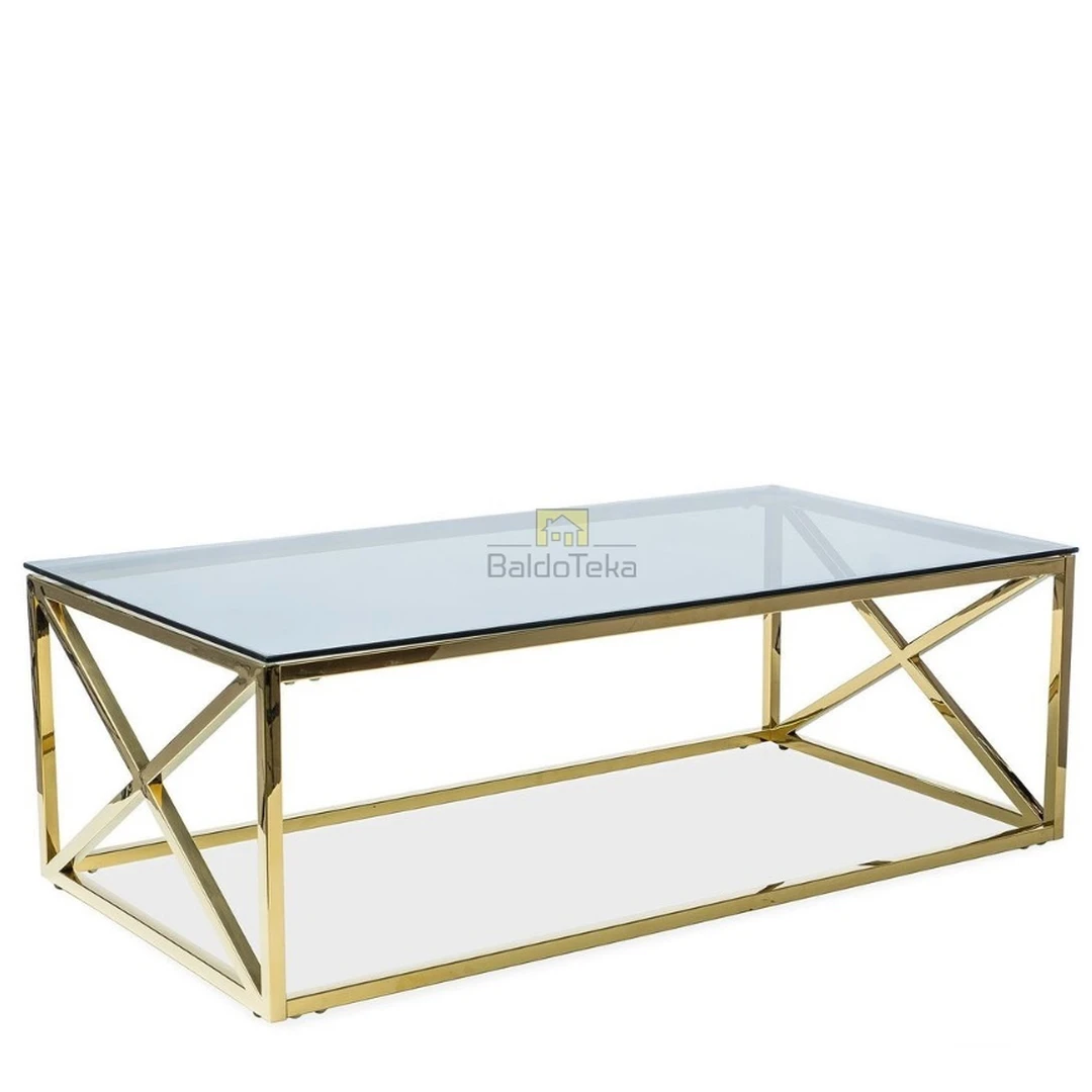 Elegantiškas dūminis grūdintas stiklo stalas su aukso rėmu