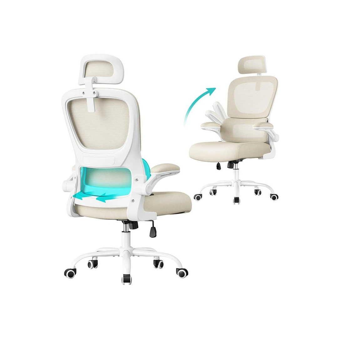 Ergonomiška biuro kėdė su tinkliniu audiniu ir sulankstomais porankiais, juoda - Darbo kėdės