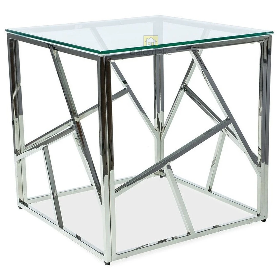 Modernus stiklinis stalas su metaliniu rėmu, sidabro spalva