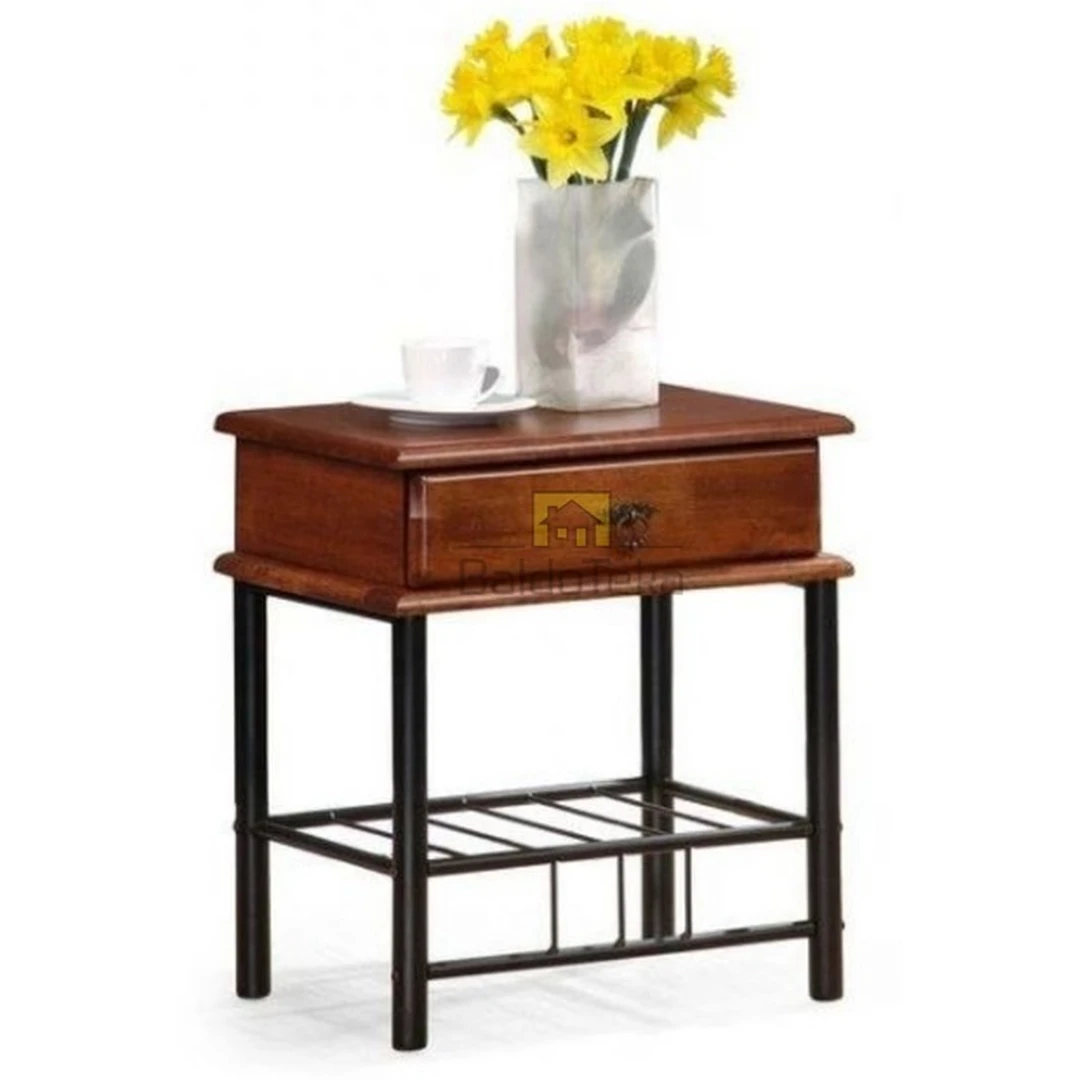 Natūralaus medžio ir dažyto plieno stalelis antikinė vyšnia/juoda