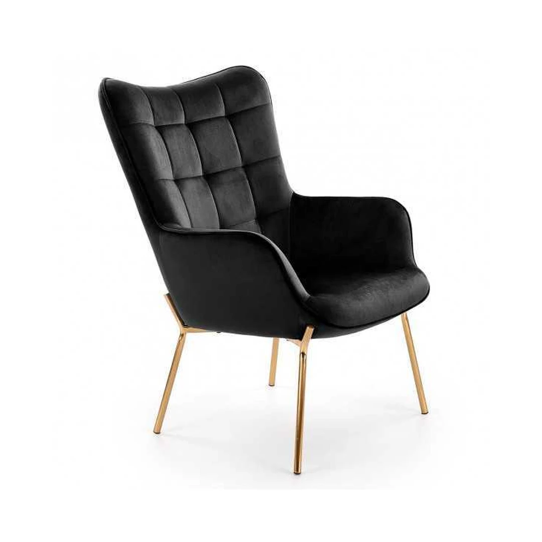 Ergonomiškas aksominis juodas fotelis su auksinėmis kojomis
