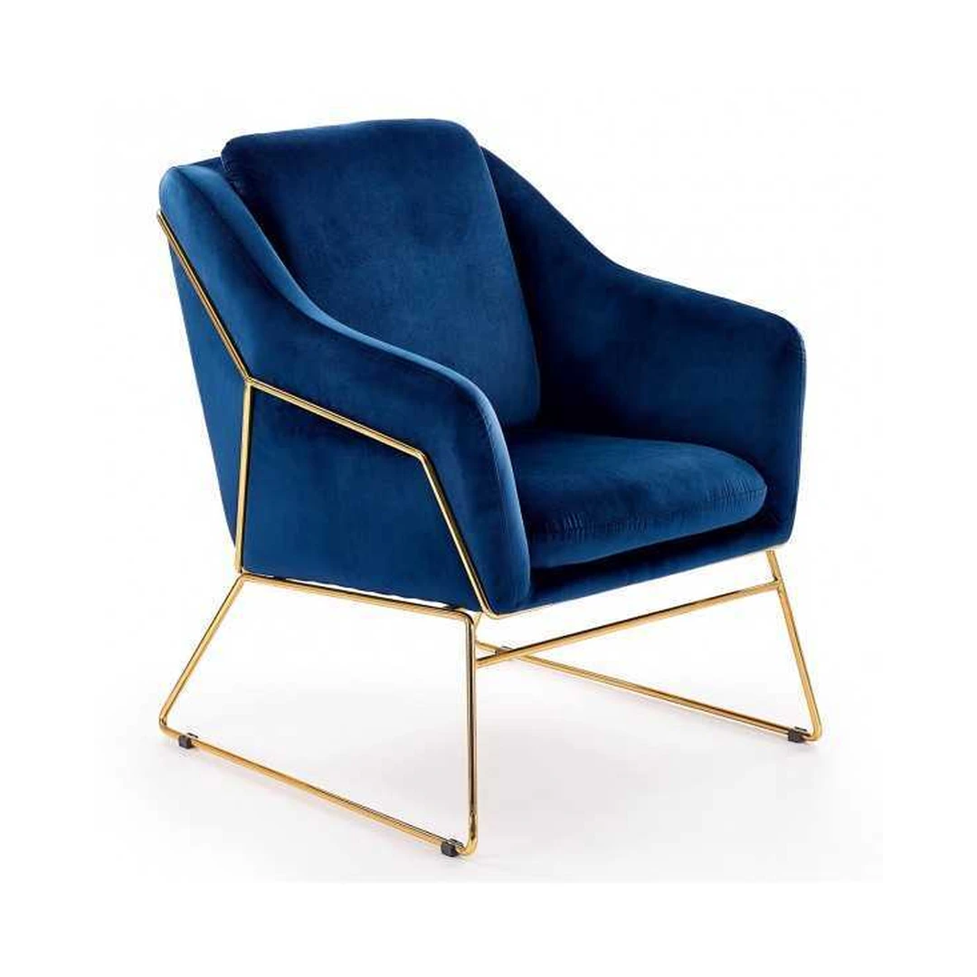 Elegantiška mėlyna fotelis su aukso kojomis
