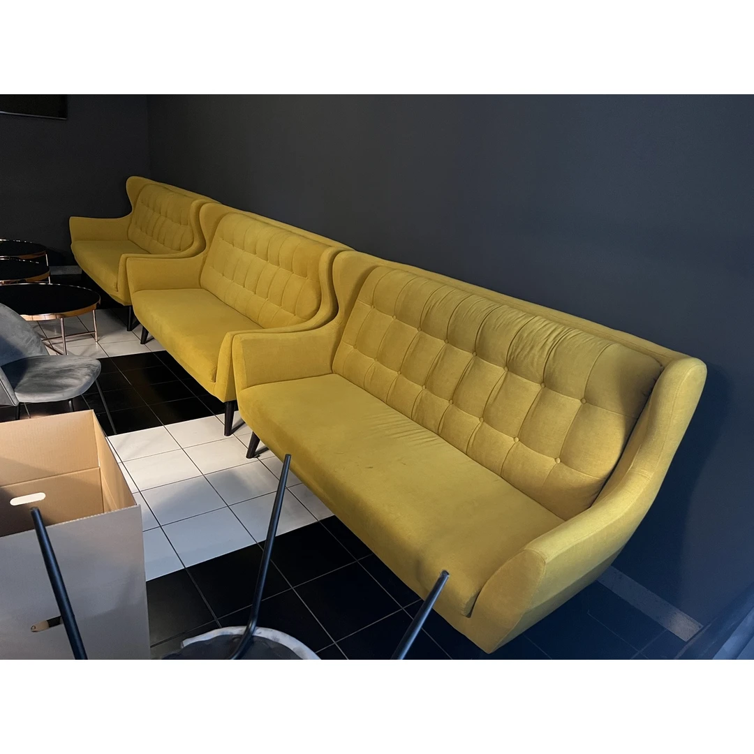 Geltonos sofos – 3 vnt., puiki būklė, 197x94x107 cm