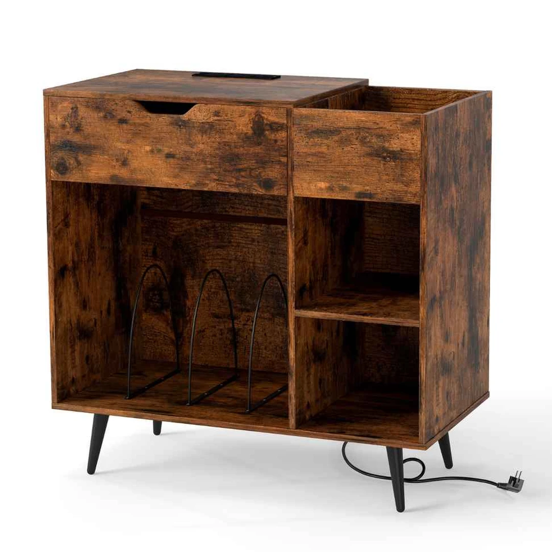Rustic rudos spalvos patefono stovas su įkrovimo stotele  Universalus vinilo grotuvų stovas 80x40x79 cm su stalčiumi  Patefono stovas su USB įkrovim