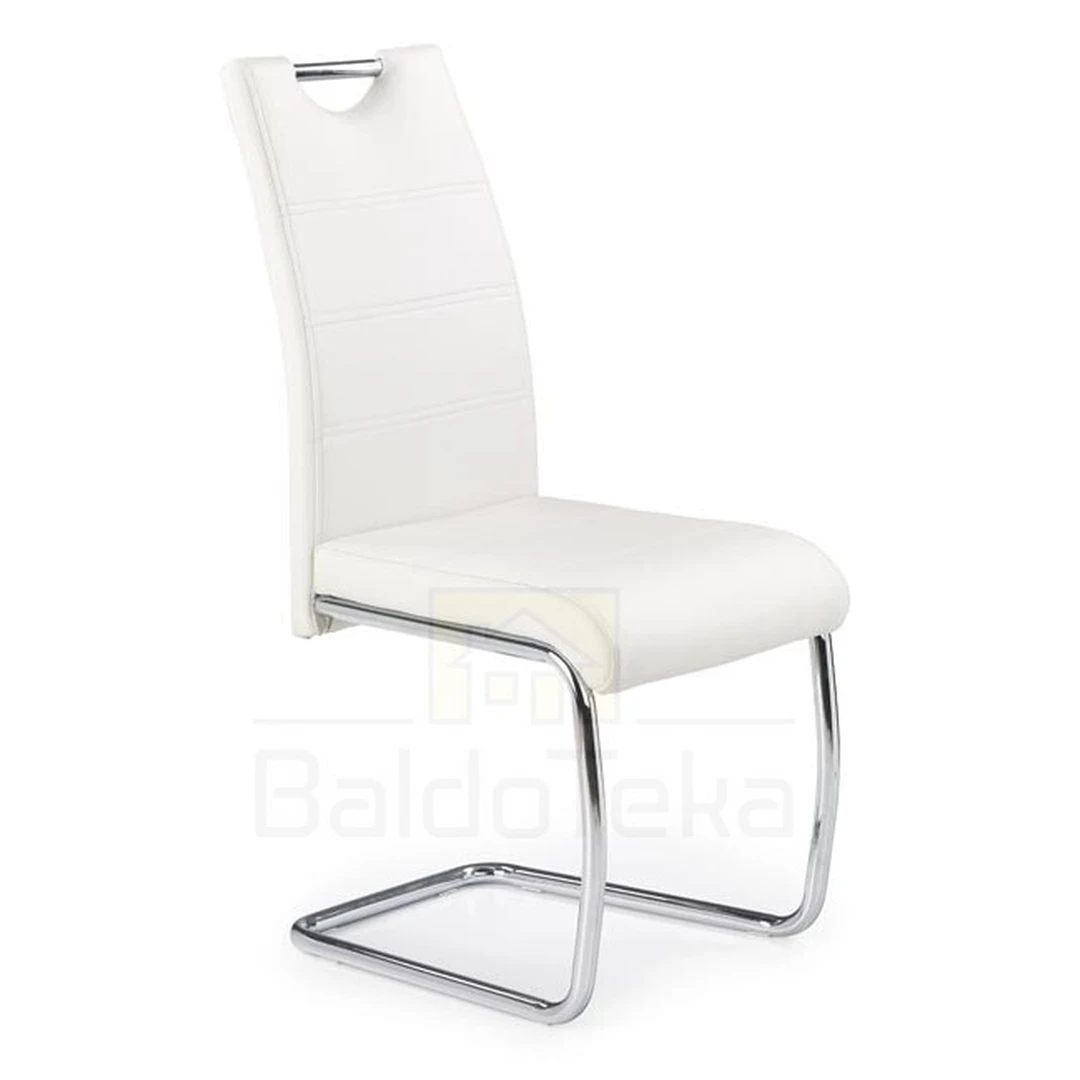 Šiuolaikinės baltos kėdės su chromuotu metaliniu rėmu
