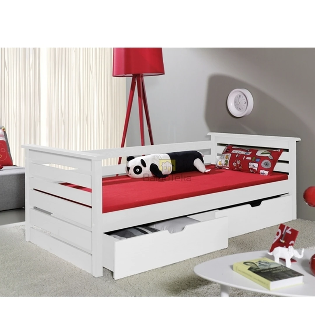 Balta akrilinė lovytė su poliuretaniniu čiužiniu ir stalčiais